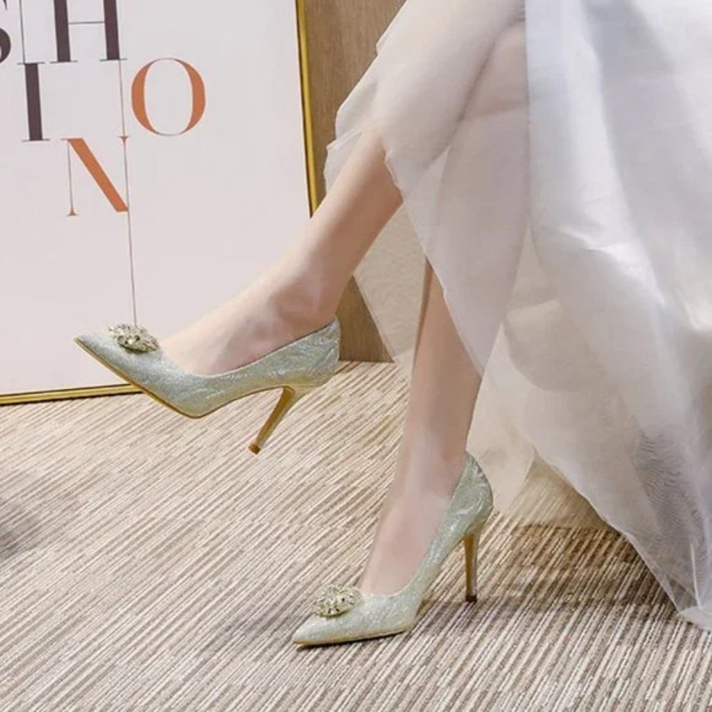 Women's Diamond Pointed Toe Satin High Heels Shoes